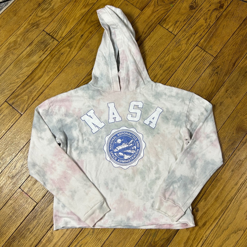 Fifth Sun NASA Cropped Hoodie Tie Dye Grey Pink Space Shuttle Sweatshirt XS
